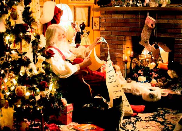 Santa Sitting By The Fireplace Checking His List