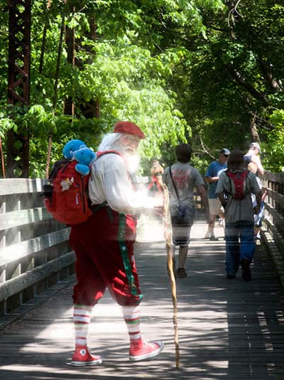 Santa departs Damascus, Virginia, following the annual Hikers Parade during the annual Trail Days Festival held each May. Mrs. Claus has been encouraging Santa to eat healthier and exercise, and thereby lead the children to better health. She told Santa that he can eat all the cookies he wants at Christmas, if he eats well and exercises during the rest of the year.